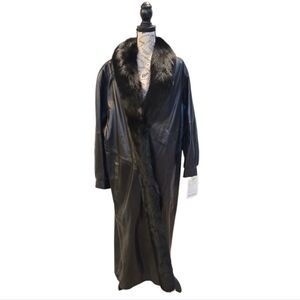 Luxurious Black Leather Full Length Jacket with Fur Trim Sz L